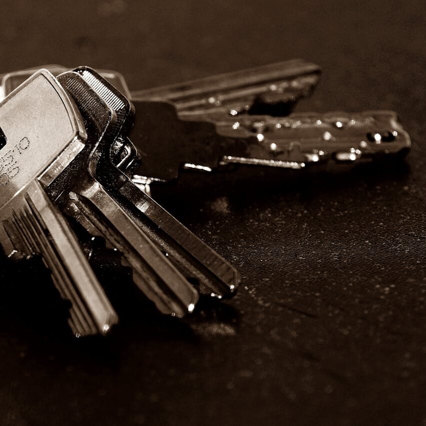 A detailed close-up of a bunch of metallic keys resting on a dark textured surface.