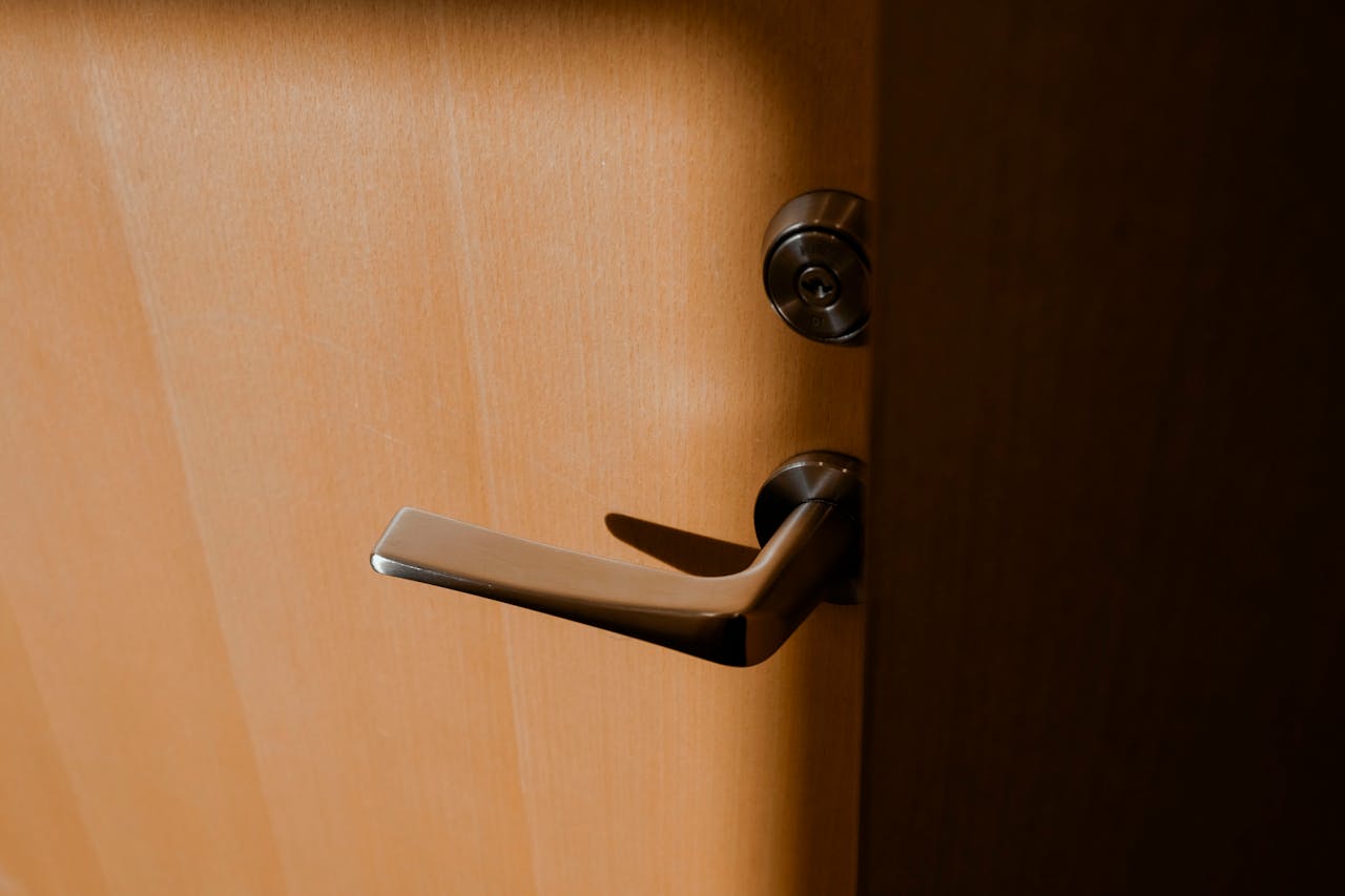Close-up of a stylish silver door handle and lock on a wooden door, illuminated by warm light.